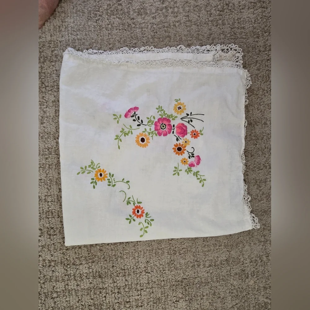 Embroidered Floral Linen Panel - Pink & Yellow Blossoms